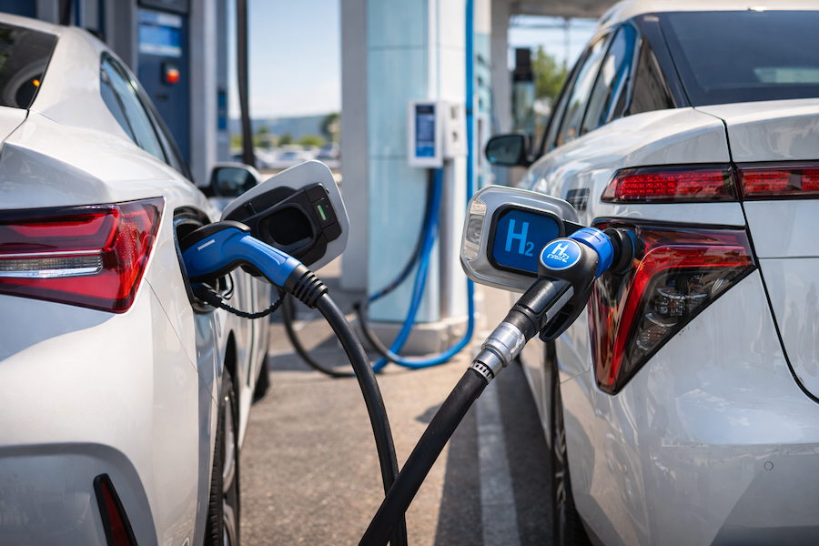 Elbil som laddas bredvid vätgasbil vid en tank- och laddstation, med laddkabel och H2-munstycke inkopplade samtidigt.